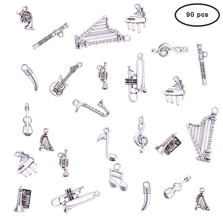 PandaHall Elite 90 Pieces 15 Style Antique Silver Music Instruments Charms Tibetan Style Alloy Pendants for DIY Jewelry Making