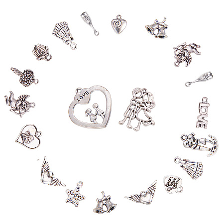 PandaHall Elite 90PCS 15 Style Antique Silver Tibetan Alloy Wedding Love Theme Charms Pendants for DIY Jewelry Making