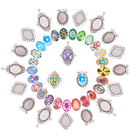 PandaHall Elite DIY Jewelry Pendant Making, 30 PCS Mosaic Printed Glass Oval Cabochons with 30 PCS Tibetan Style Alloy Blank Pendant Frame Trays