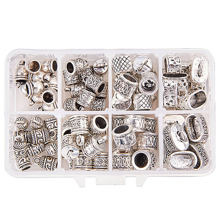 PandaHall Elite About 80 Pcs Tibetan Style Silver Alloy Leather Cord End Cap Bead Tube Barrel Loop Clasp 8 Styles for Jewelry Making
