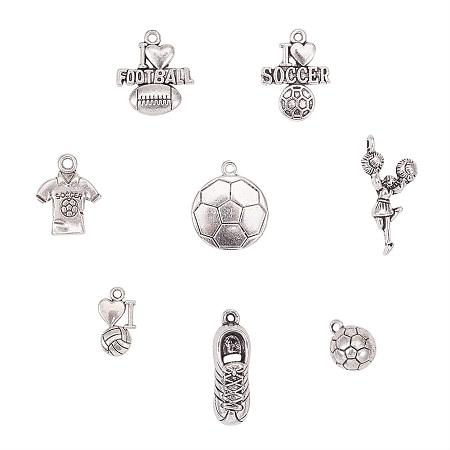 PandaHall Elite 80pcs 8 Styles Tibetan Alloy Football Sports Charms Pendants Cheering Squad Rugby Beads Charms for DIY Bracelet Necklace Making, Antique Silver