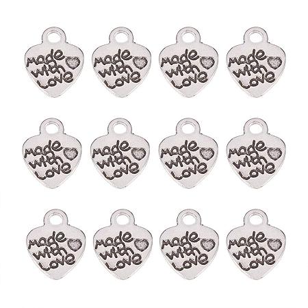 PandaHall Elite 300pcs Alloy Pendant Charms Valentines Day Theme Heart with Word Made with Love Metal Pendants for DIY Jewelry Making Antique Silver