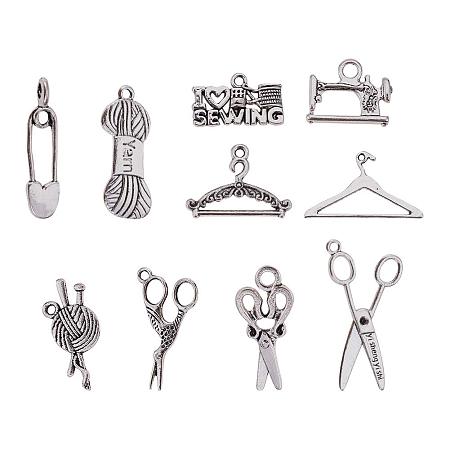 PandaHall Elite 100pcs 10 Styles Tibetan Alloy Antique Silver Sewing Knitting Theme Pendants Charms Beads for DIY Necklace Bracelet Making Scissors I Love Sewing Yarn Clew Sewing Machine