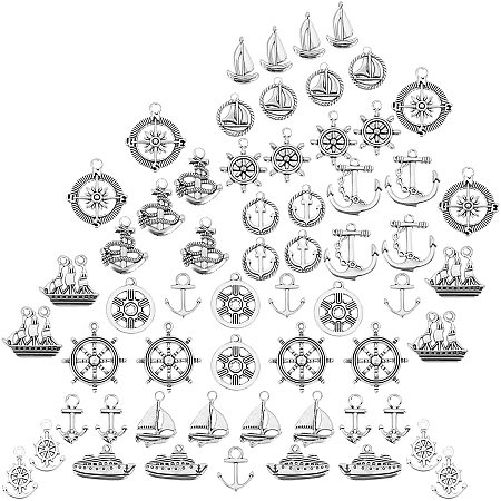 SUNNYCLUE 1 Box 60Pcs 15 Styles Anchor Charms Tibetan Style Alloy Helm Ship Flat Round Boat Vehicle Wheel Shape Ocean Sailing Theme Pendants for Making Crafts Supplies, Antique Silver
