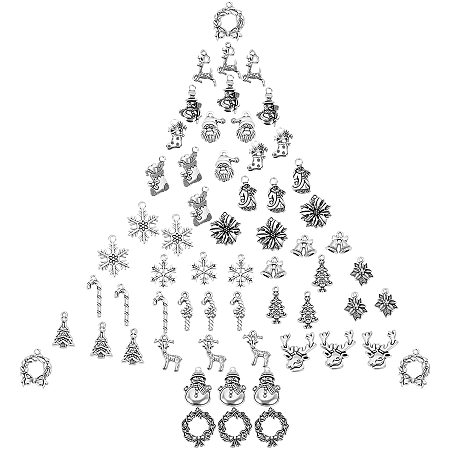 SUNNYCLUE 1 Box 60Pcs 20 Styles Alloy Christmas Charms Bulk Tibetan Style Snowflake Pendants Holiday Theme Reindeer Jingle Bells Charms for Crafts Making Spplies, Antique Silver