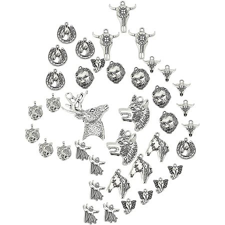 SUNNYCLUE 1 Box 50Pcs 10 Styles Animal Head Charm Lion Charms Pendants Tibetan Style Alloy Horse Elephant Sheep Cattle Lion Reindeer Wolf Shape for Crafts Making Spplies, Antique Silver