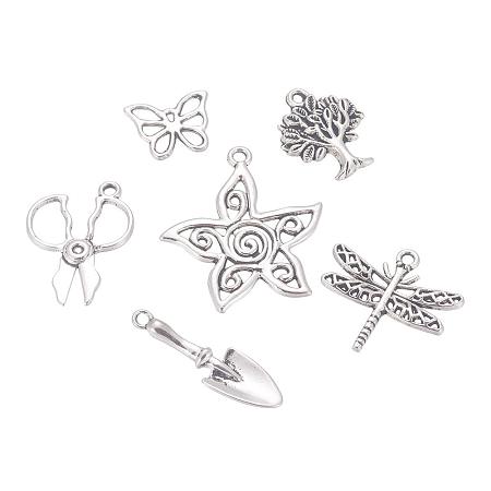 ARRICRAFT 30pcs 6 Styles Antique Silver Tibetan Garden Theme Alloy Charms Pendants for DIY Jewelry Making(Flower, Dragonfly, Tree, Butterfly, Spade, Scissors)