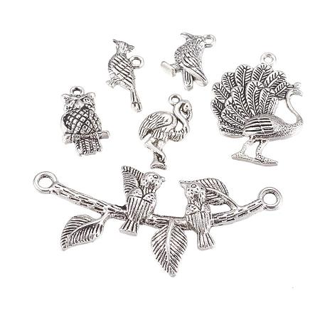 ARRICRAFT 30 pcs Tibetan Style Alloy Pendants, 6 Shapes Bird Theme Pendant Charms for Jewelry Making, Antique Silver