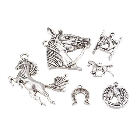 ARRICRAFT 30 pcs Tibetan Style Alloy Pendants, 6 Shapes Horse Racing Theme Pendant Charms for Jewelry Making, Antique Silver