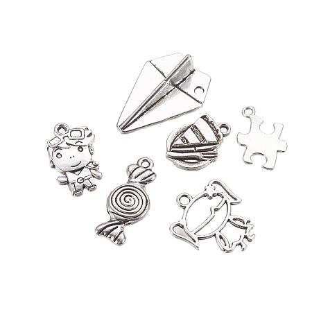ARRICRAFT 30 pcs Tibetan Style Alloy Pendants, 6 Shapes Children's Day Theme Pendant Charms for Jewelry Making, Antique Silver