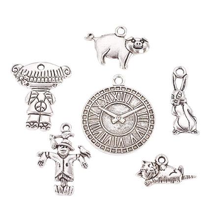 ARRICRAFT 30 pcs Tibetan Style Alloy Pendants, 6 Shapes Alice in Wonderland Theme Pendant Charms for Jewelry Making, Antique Silver