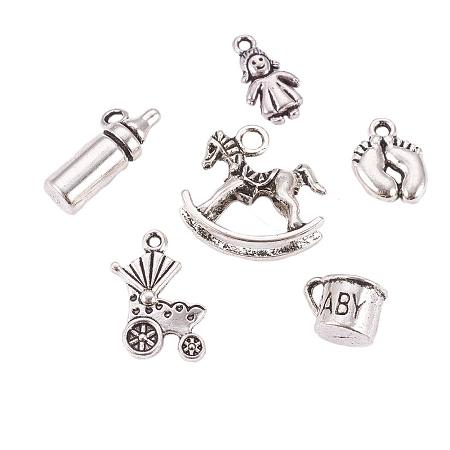 ARRICRAFT 30 pcs Tibetan Style Alloy Pendants, 6 Shapes Baby Theme Pendant Charms for Jewelry Making, Antique Silver