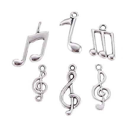 ARRICRAFT 30 pcs Tibetan Style Alloy Pendants, 6 Shapes Musical Note Theme Pendant Charms for Jewelry Making, Antique Silver