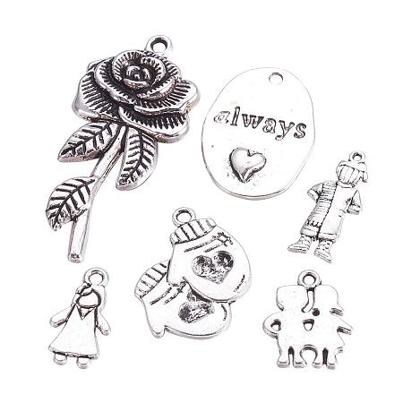 ARRICRAFT 30pcs 6 Shapes Valentine's Day Theme Tibetan Style Alloy Pendants Charms for Jewelry Making, Antique Silver