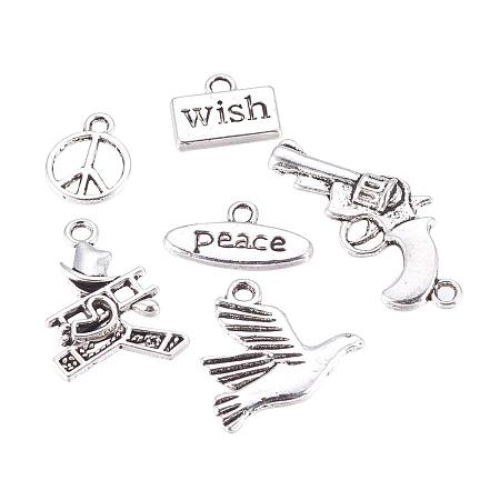 ARRICRAFT 30pcs 6 Shapes Peace Theme Tibetan Style Alloy Pendants Charms for Jewelry Making, Antique Silver