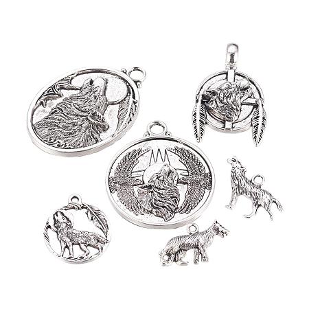 ARRICRAFT 30 pcs 6 Shapes Tibetan Style Alloy Pendants, Wolf Theme Metal Pendant Charms for Jewelry Making, Antique Silver