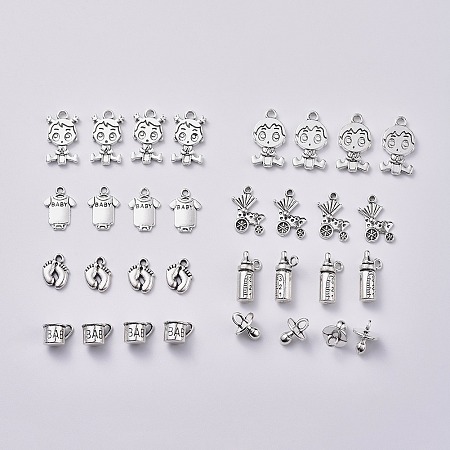 Honeyhandy Baby Theme, Tibetan Style Alloy Pendants, Baby Girl & Baby Boy & Dummy Pacifier & Cup with Baby & Clothe with Baby & Baby Feet & Pram & Feeding-bottle, Antique Silver, 32pcs/set