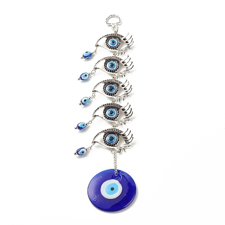 Honeyhandy Glass Turkish Blue Evil Eye Pendant Decoration, with Alloy Horse Eye Design Charm, for Home Wall Hanging Amulet Ornament, Antique Silver, 280mm, Hole: 13.5x10mm