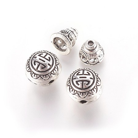 Honeyhandy Tibetan Silver Guru Bead Sets, T-Drilled Beads, 3-Hole Round & Buddha Head Beads, Antique Silver, 10mm, Hole: 2mm, Calabash Bead: 7.5x7.5mm, Hole: 1.5mm