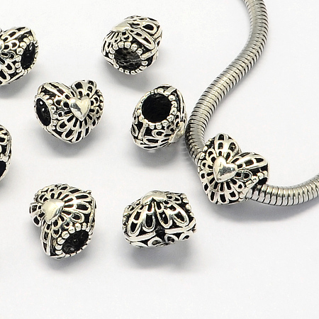 Honeyhandy Alloy European Beads, Large Hole Beads, Heart, Antique Silver, 11x11x9mm, Hole: 4.5mm