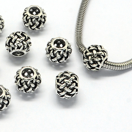 Honeyhandy Alloy European Beads, Large Hole Beads, Rondelle, Hollow, Antique Silver, 11x9mm, Hole: 4.5mm