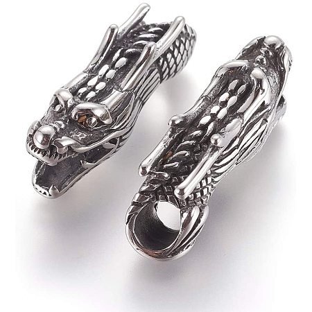 UNICRAFTALE 1pc Antique Silver Dragon Head Beads Stainless Steel Tube Beads 7mm Hole Pendant Charms for Necklace Jewelry Making 38x11x14mm