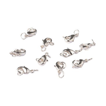 NBEADS 200Pcs Brass Lobster Claw Clasps with Jump Rings, Lead Free & Nickel Free, Silver, 9.5x5.5mm, Hole: 2mm
