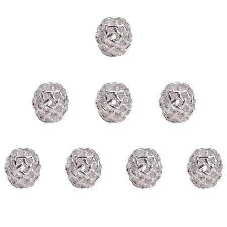 SUNNYCLUE 1 Box 8pcs 925 Sterling Silver Plated Alloy Large Hole European Beads Rondelle Spacer Filigree Hollow Barrel Loose Beads 10x10mm for DIY Jewelry Making