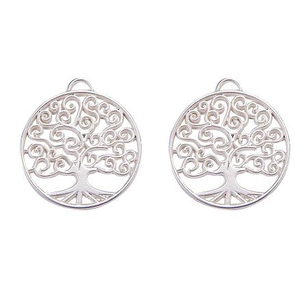SUNNYCLUE 1 Box 2pcs 925 Sterling Silver Plated Tree of Life Charm Pendants Findings Flat Round 48x43x2mm for Jewelry Bracelet Necklace Making, Matte Silver