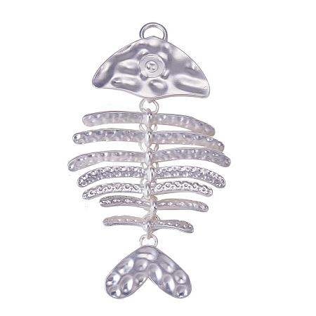 SUNNYCLUE 1 Box 1pc Silver Plated Alloy Fishbone Fish Bone Charms Pendant Beads Findings 104x57mm for DIY Jewelry Making , Matte Silver
