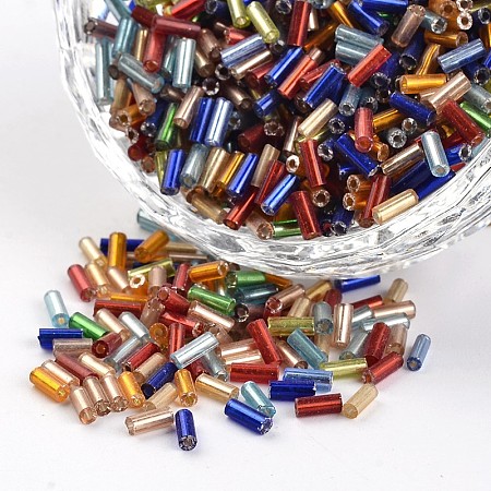Honeyhandy Tube Silver Lined Round Hole Glass Bugle Beads, Mixed Color, 3~5x1.8~2mm, Hole: 0.8mm, about 1200pcs/50g
