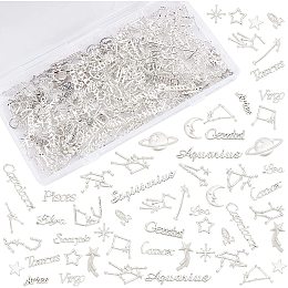 OLYCRAFT 186pcs Cosmos 12 Constellations Theme Resin Fillers Zodiac Sign Words Star Sign Charm Star Moon Spaceship Alloy Epoxy Resin Supplies Accessories for Resin Jewelry Making - Platinum & Silver