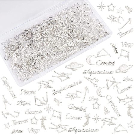 OLYCRAFT 186pcs Cosmos 12 Constellations Theme Resin Fillers Zodiac Sign Words Star Sign Charm Star Moon Spaceship Alloy Epoxy Resin Supplies Accessories for Resin Jewelry Making - Platinum & Silver