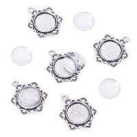 PandaHall Elite 20 Sets Tibetan Styles Alloy Pendant Trays Round Bezel with 16mm Glass Cabochon Round Clear Dome Tiles for Crafting DIY Jewelry Making Antique Silver