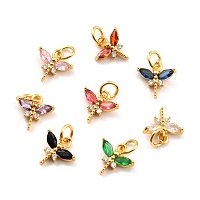 Honeyhandy Brass Micro Pave Cubic Zirconia Charms, Real 18K Gold Plated, Cadmium Free & Lead Free, Autumn Pendants, Dragonfly, Mixed Color, 10x10.5x3mm, Hole: 3.8mm