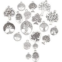 SUNNYCLUE 1 Box 56Pcs 14 Styles Tree of Life Charms Stainless Steel Pendant Tibetan Metal Flat Round Hollow Charms Tree-Shaped Pendant for Crafting Bracelet Necklace Jewelry Findings