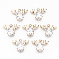 ARRICRAFT Brass Glass Rhinestone Pendants, Long-Lasting Plated, Cadmium Free & Lead Free, Christmas Reindeer/Stag, for Christmas, Light Gold, Crystal, 15x20x5mm, Hole: 1.5mm