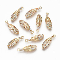 Honeyhandy Brass Micro Pave Cubic Zirconia Pendants, Light Gold, Long-Lasting Plated, Cadmium Free & Lead Free, Feather, Clear, 17x5x2.5mm, Hole: 1mm