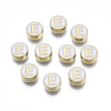 Honeyhandy Alloy Enamel Beads, Cadmium Free & Lead Free, Light Gold, Flat Round with Alphabet, White, Letter.E, 8x4mm, Hole: 1.5mm