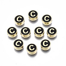 Honeyhandy Alloy Enamel Beads, Cadmium Free & Lead Free, Light Gold, Flat Round with Alphabet, Black, Letter.C, 8x4mm, Hole: 1.5mm