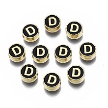 Honeyhandy Alloy Enamel Beads, Cadmium Free & Lead Free, Light Gold, Flat Round with Alphabet, Black, Letter.D, 8x4mm, Hole: 1.5mm