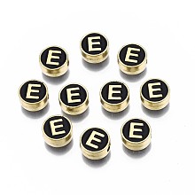 Honeyhandy Alloy Enamel Beads, Cadmium Free & Lead Free, Light Gold, Flat Round with Alphabet, Black, Letter.E, 8x4mm, Hole: 1.5mm