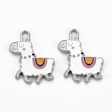 Honeyhandy Rack Plating Alloy Enamel Pendants, Cadmium Free & Lead Free, Platinum, Alpaca, White, 29x22x2mm, Hole: 2mm