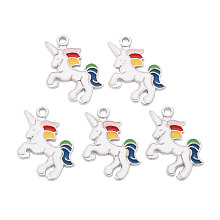 Honeyhandy Alloy Enamel Pendants, Light Gold, Cadmium Free & Lead Free, Unicorn, White, 20x22x1mm, Hole: 1.8mm