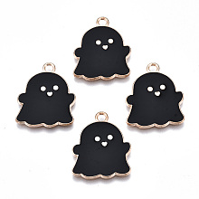 Honeyhandy Alloy Enamel Pendants, Halloween, Cadmium Free & Lead Free, Ghost, Light Gold, Black, 22x18x1.5mm, Hole: 2mm