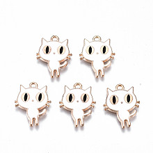 Honeyhandy Alloy Enamel Pendants, Halloween, Cadmium Free & Lead Free, Cat, Light Gold, White, 19x14.5x1.5mm, Hole: 1.8mm