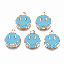 Honeyhandy Alloy Enamel Charms, Cadmium Free & Lead Free, Smiling Face, Light Gold, Deep Sky Blue, 14.5x12x1.5mm, Hole: 1.5mm