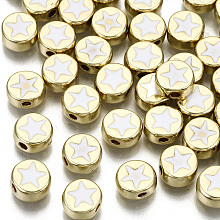 Honeyhandy Alloy Enamel Beads, Cadmium Free & Lead Free, Flat Round with Star, Light Gold, White, 8x4mm, Hole: 1.5mm