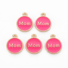 Honeyhandy Alloy Enamel Charms, Cadmium Free & Lead Free, Light Gold, Flat Round with Mom, Deep Pink, 14.5x12x2mm, Hole: 1.4mm