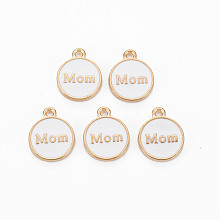 Honeyhandy Alloy Enamel Charms, Cadmium Free & Lead Free, Light Gold, Flat Round with Mom, White, 14.5x12x2mm, Hole: 1.4mm